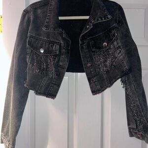 Black Denim Jacket with Fringe Detailing